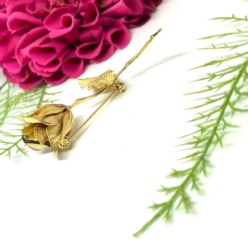 VINTAGE⚜️Blooming Stemmed Rose Golden Brooch - Picture 4 of 6